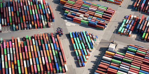 Das Luftbild zeigt zahlreiche Container auf dem Gelände eines Containerterminals im Hamburger Hafen.