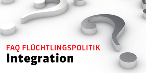 Fragezeichen, darauf Titel "FAQ Flüchtlingspolitik. Integration"