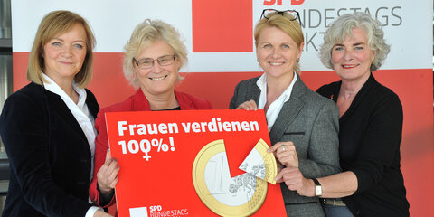 Vier SPD-Abgeordnete halten ein SChild, auf dem steht "Frauen verdienen 100 Prozent"