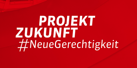 Wortmarke von "Projekt Zukunft - #NeueGerechtigkeit", einer Reforminitiative der SPD-Bundestagsfraktion